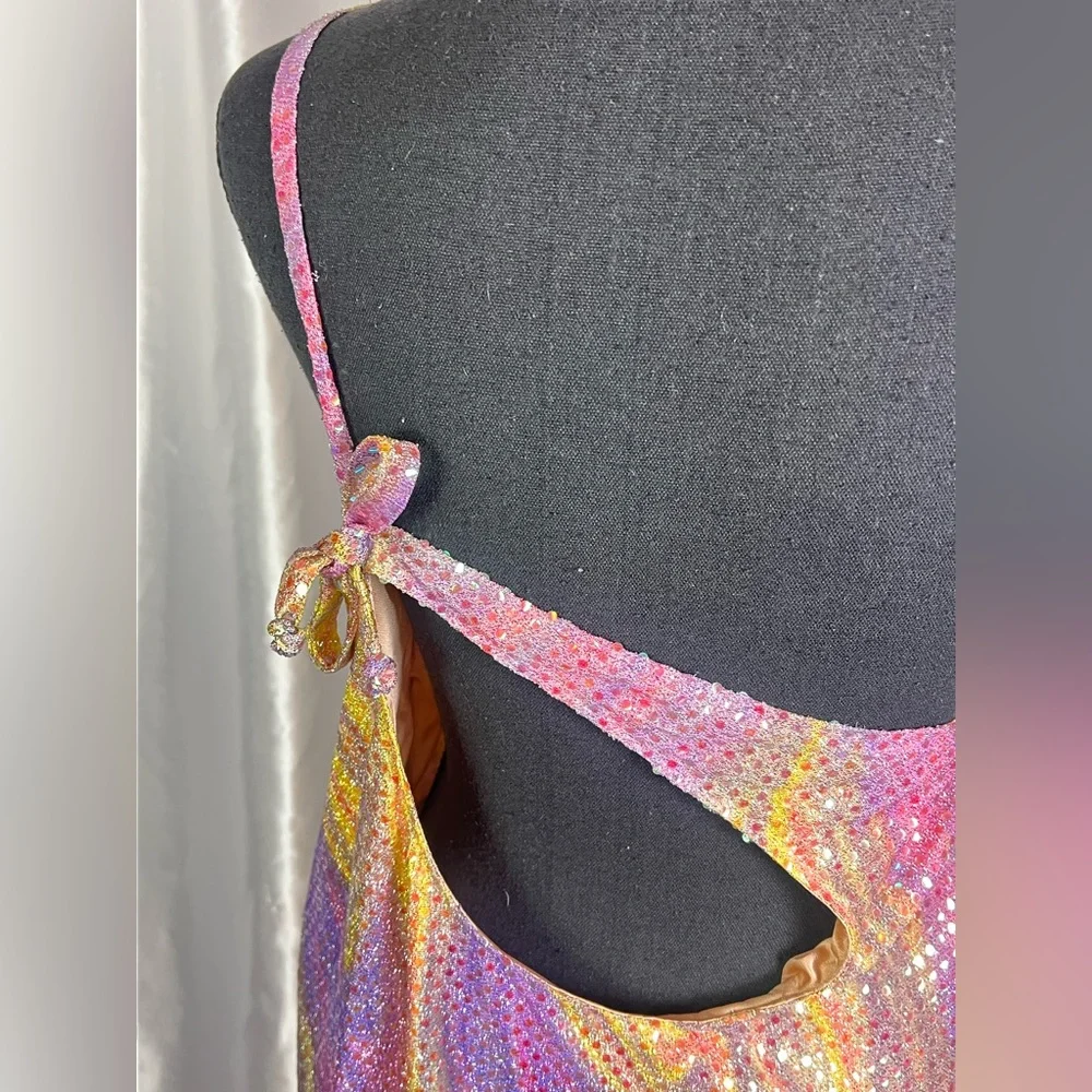 Asymmetrical Pink+Yellow Swirl One Shoulder Disco-Inspired Prom/Party Maxi Dress - Picture 5 of 8